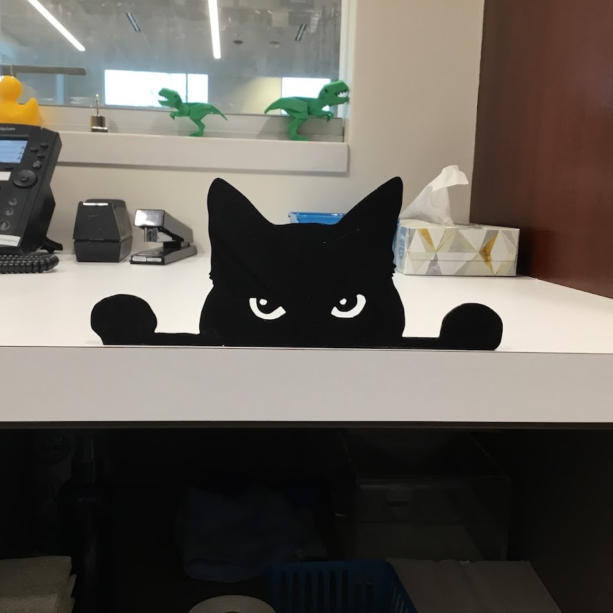 black 3d printed sign of a cat peeking up over a ledge